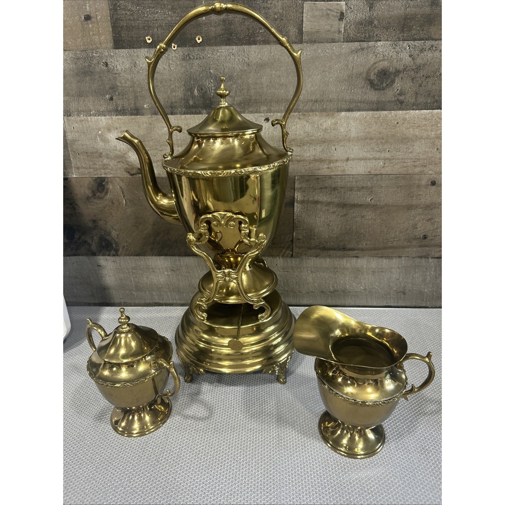 Vintage Ornate Brass Spirit Kettle Set on Stand Sugar Creamer Hollywood Regency